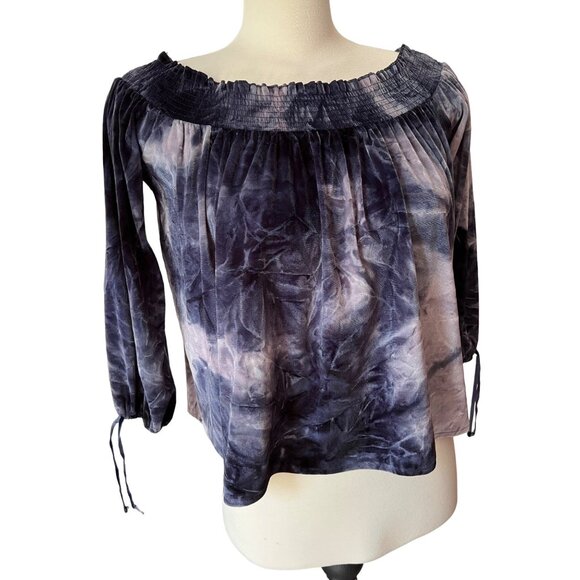 American Eagle Outfitters Velour Peasant Blouse Sz Small Blue Velvet Tie Dye - Picture 7 of 9